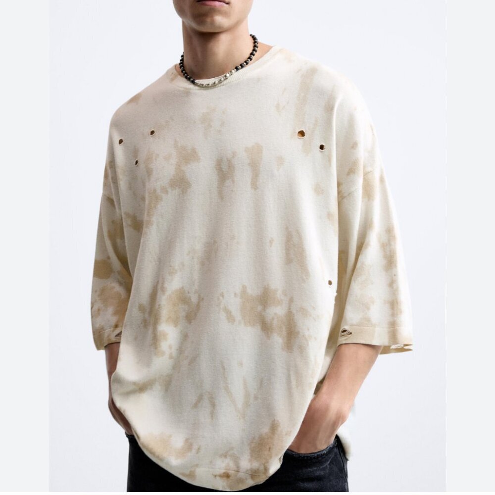 ZARA MEN'S TIE DYE DISTRESSED HOLES STREETWEAR STYLE SHIRT CREAM TAN NEUTRAL S/M